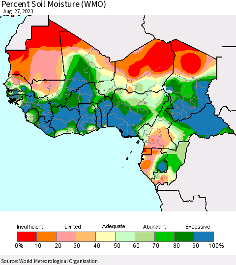 Western Africa Percent Soil Moisture (WMO) Thematic Map For 8/21/2023 - 8/27/2023