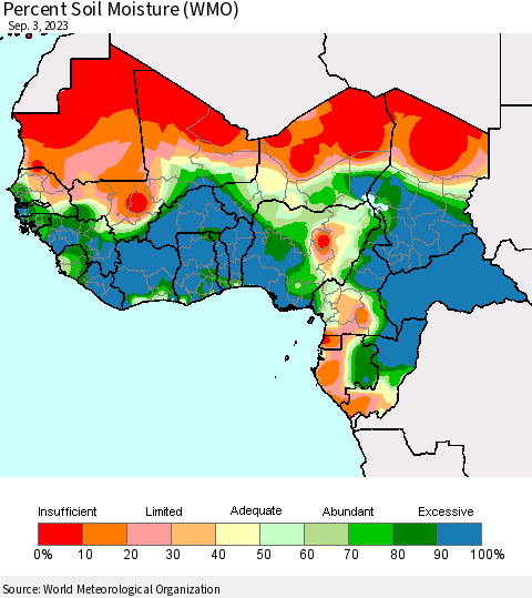 Western Africa Percent Soil Moisture (WMO) Thematic Map For 8/28/2023 - 9/3/2023