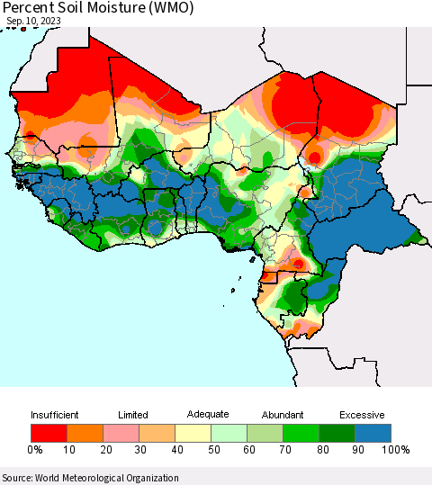 Western Africa Percent Soil Moisture (WMO) Thematic Map For 9/4/2023 - 9/10/2023