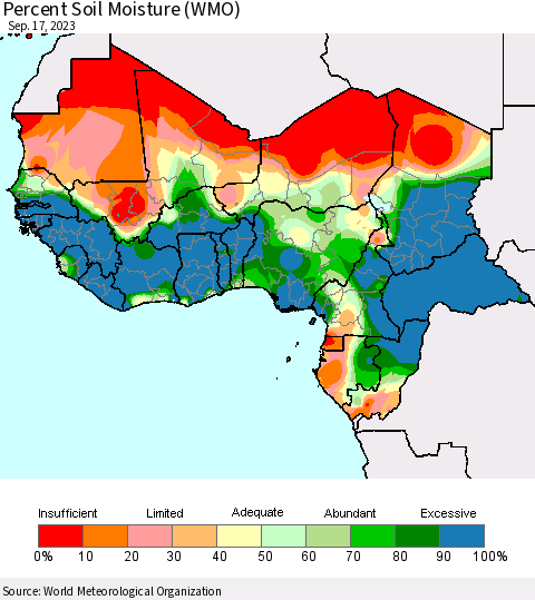 Western Africa Percent Soil Moisture (WMO) Thematic Map For 9/11/2023 - 9/17/2023