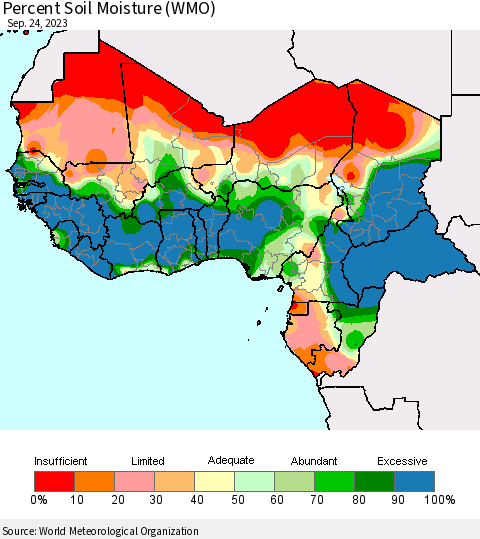 Western Africa Percent Soil Moisture (WMO) Thematic Map For 9/18/2023 - 9/24/2023