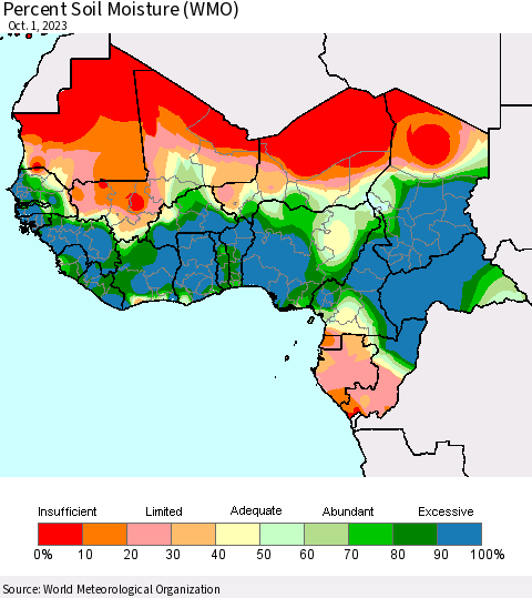 Western Africa Percent Soil Moisture (WMO) Thematic Map For 9/25/2023 - 10/1/2023
