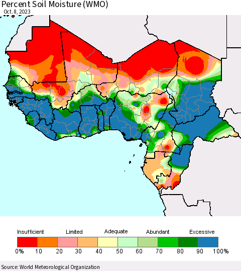 Western Africa Percent Soil Moisture (WMO) Thematic Map For 10/2/2023 - 10/8/2023