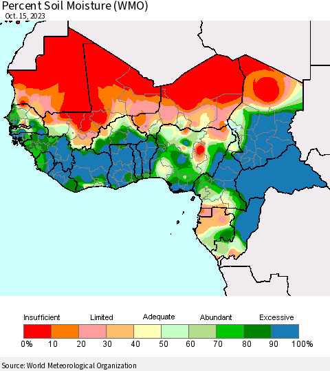 Western Africa Percent Soil Moisture (WMO) Thematic Map For 10/9/2023 - 10/15/2023