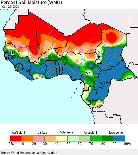 Western Africa Percent Soil Moisture (WMO) Thematic Map For 10/16/2023 - 10/22/2023