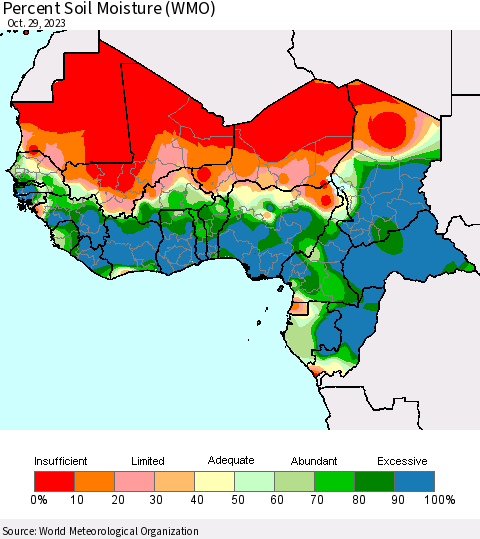 Western Africa Percent Soil Moisture (WMO) Thematic Map For 10/23/2023 - 10/29/2023
