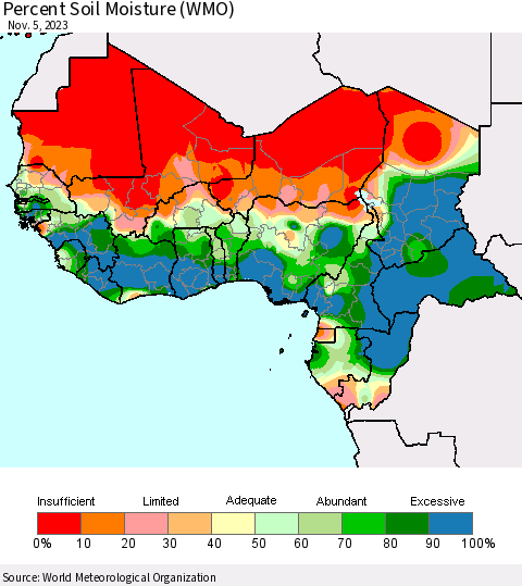 Western Africa Percent Soil Moisture (WMO) Thematic Map For 10/30/2023 - 11/5/2023