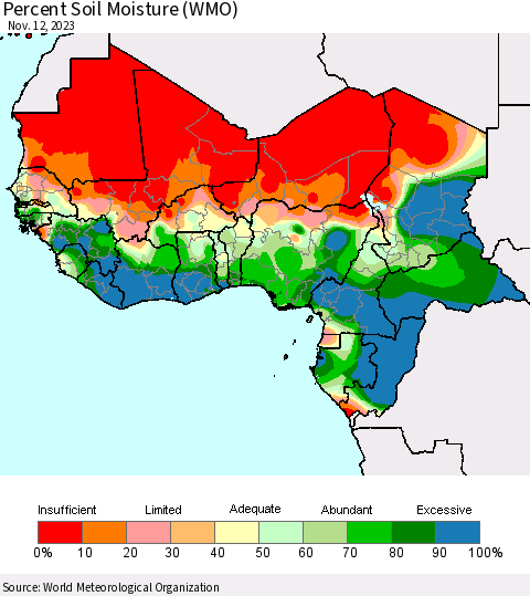 Western Africa Percent Soil Moisture (WMO) Thematic Map For 11/6/2023 - 11/12/2023