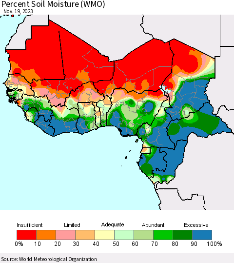 Western Africa Percent Soil Moisture (WMO) Thematic Map For 11/13/2023 - 11/19/2023