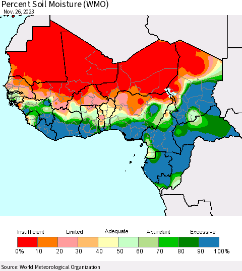 Western Africa Percent Soil Moisture (WMO) Thematic Map For 11/20/2023 - 11/26/2023