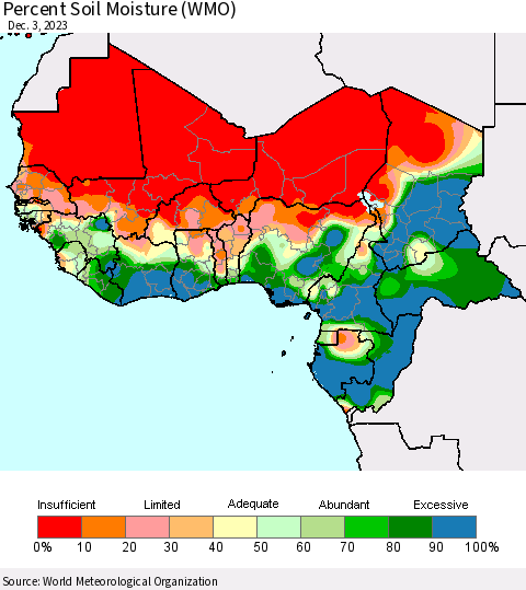 Western Africa Percent Soil Moisture (WMO) Thematic Map For 11/27/2023 - 12/3/2023