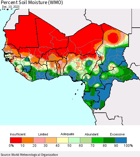 Western Africa Percent Soil Moisture (WMO) Thematic Map For 12/4/2023 - 12/10/2023