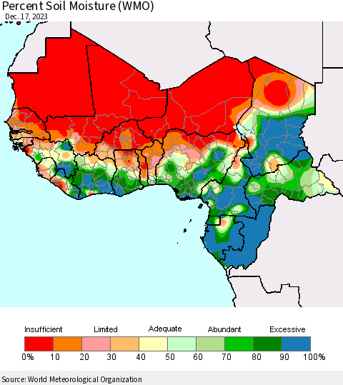 Western Africa Percent Soil Moisture (WMO) Thematic Map For 12/11/2023 - 12/17/2023