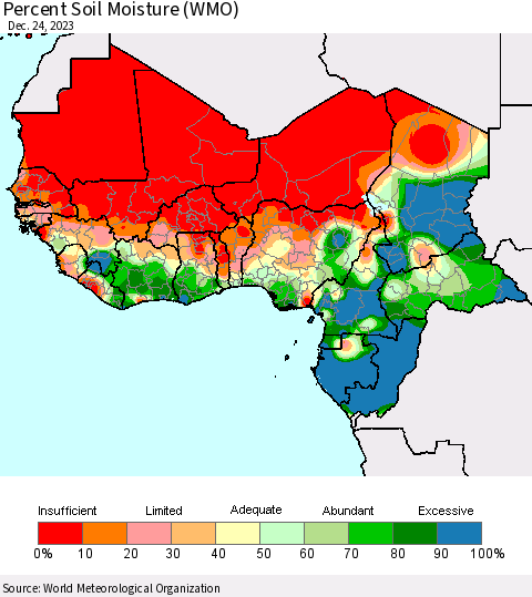 Western Africa Percent Soil Moisture (WMO) Thematic Map For 12/18/2023 - 12/24/2023