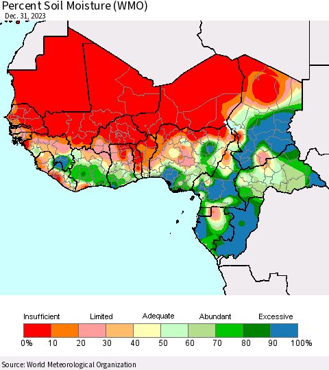 Western Africa Percent Soil Moisture (WMO) Thematic Map For 12/25/2023 - 12/31/2023