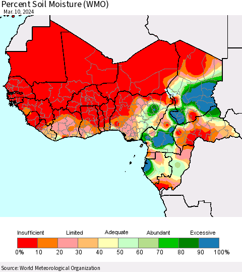 Western Africa Percent Soil Moisture (WMO) Thematic Map For 3/4/2024 - 3/10/2024