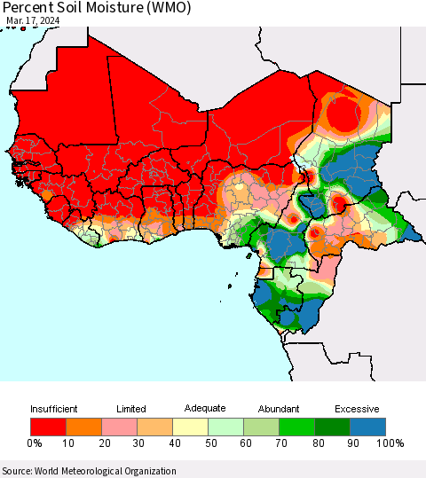 Western Africa Percent Soil Moisture (WMO) Thematic Map For 3/11/2024 - 3/17/2024
