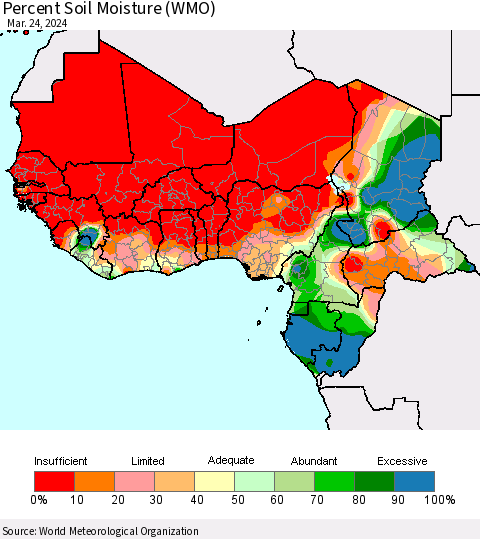 Western Africa Percent Soil Moisture (WMO) Thematic Map For 3/18/2024 - 3/24/2024