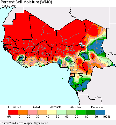Western Africa Percent Soil Moisture (WMO) Thematic Map For 3/25/2024 - 3/31/2024