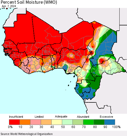 Western Africa Percent Soil Moisture (WMO) Thematic Map For 4/1/2024 - 4/7/2024