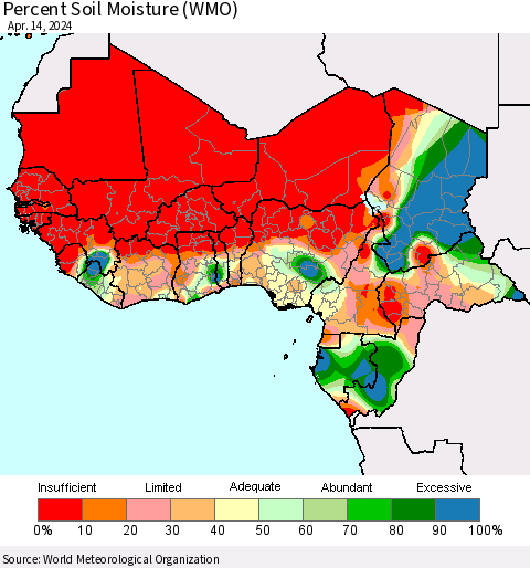 Western Africa Percent Soil Moisture (WMO) Thematic Map For 4/8/2024 - 4/14/2024