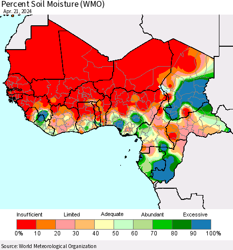 Western Africa Percent Soil Moisture (WMO) Thematic Map For 4/15/2024 - 4/21/2024