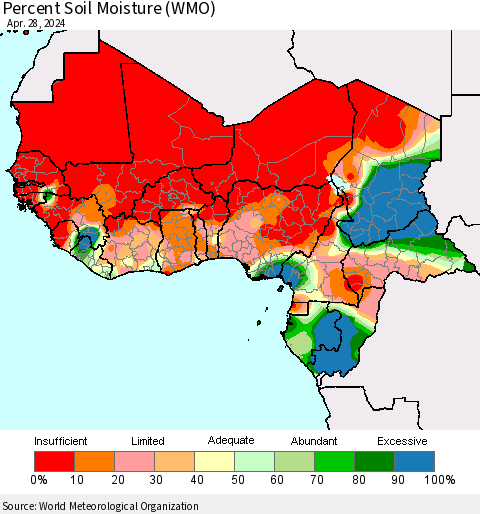 Western Africa Percent Soil Moisture (WMO) Thematic Map For 4/22/2024 - 4/28/2024