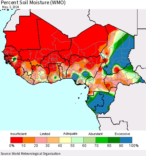 Western Africa Percent Soil Moisture (WMO) Thematic Map For 4/29/2024 - 5/5/2024