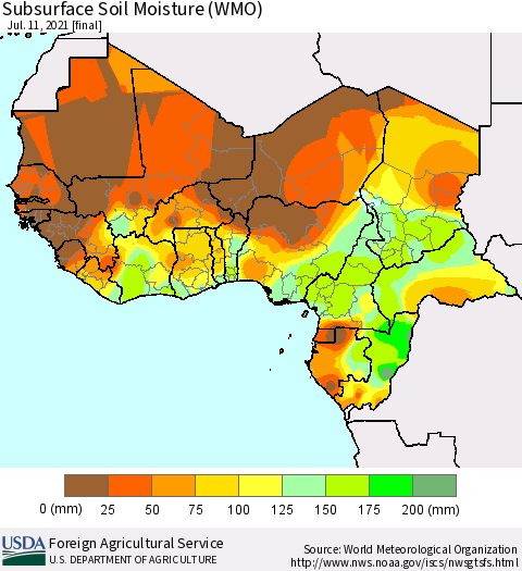Western Africa Subsurface Soil Moisture (WMO) Thematic Map For 7/5/2021 - 7/11/2021