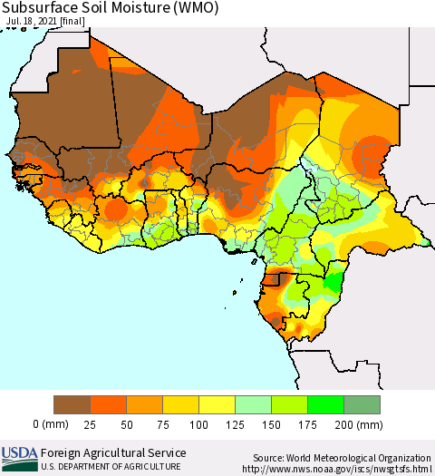 Western Africa Subsurface Soil Moisture (WMO) Thematic Map For 7/12/2021 - 7/18/2021