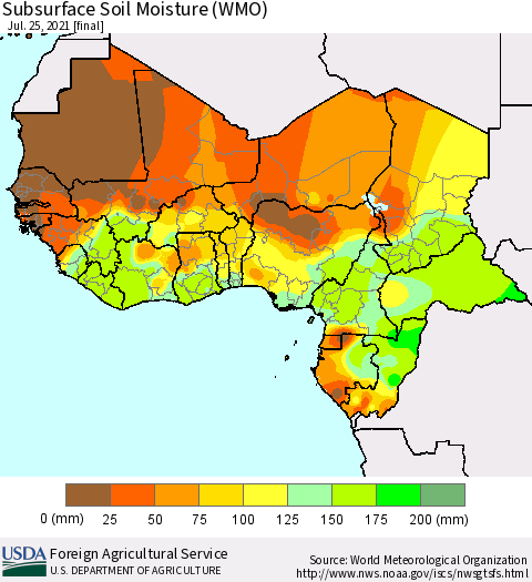 Western Africa Subsurface Soil Moisture (WMO) Thematic Map For 7/19/2021 - 7/25/2021