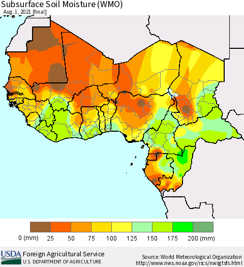 Western Africa Subsurface Soil Moisture (WMO) Thematic Map For 7/26/2021 - 8/1/2021