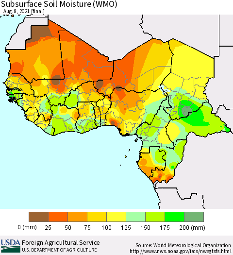 Western Africa Subsurface Soil Moisture (WMO) Thematic Map For 8/2/2021 - 8/8/2021