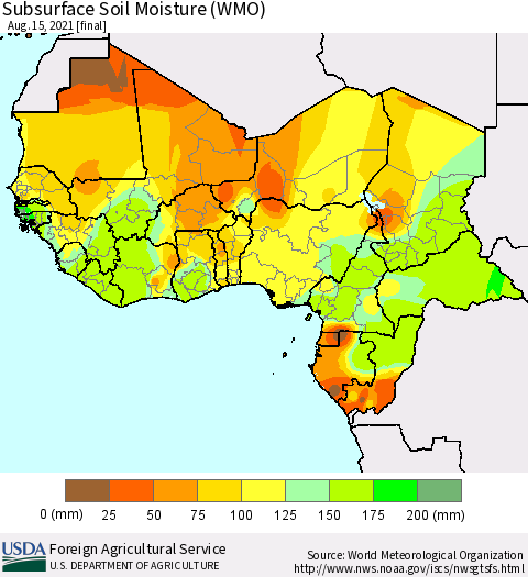 Western Africa Subsurface Soil Moisture (WMO) Thematic Map For 8/9/2021 - 8/15/2021