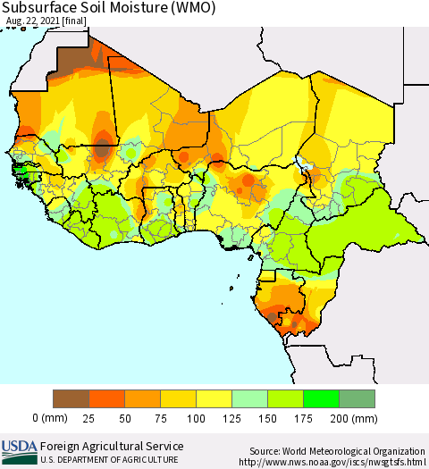 Western Africa Subsurface Soil Moisture (WMO) Thematic Map For 8/16/2021 - 8/22/2021