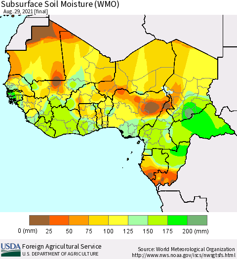 Western Africa Subsurface Soil Moisture (WMO) Thematic Map For 8/23/2021 - 8/29/2021