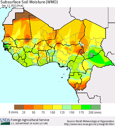 Western Africa Subsurface Soil Moisture (WMO) Thematic Map For 9/6/2021 - 9/12/2021