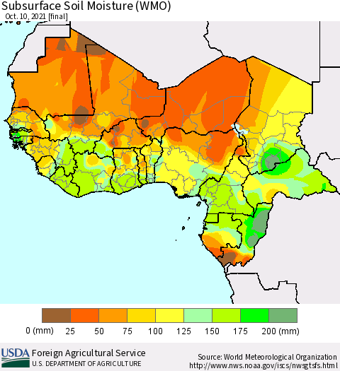 Western Africa Subsurface Soil Moisture (WMO) Thematic Map For 10/4/2021 - 10/10/2021