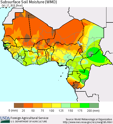 Western Africa Subsurface Soil Moisture (WMO) Thematic Map For 10/11/2021 - 10/17/2021