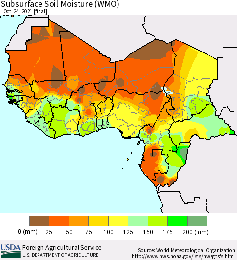 Western Africa Subsurface Soil Moisture (WMO) Thematic Map For 10/18/2021 - 10/24/2021