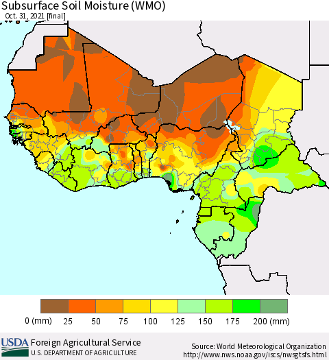 Western Africa Subsurface Soil Moisture (WMO) Thematic Map For 10/25/2021 - 10/31/2021