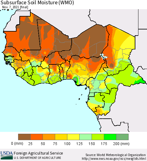 Western Africa Subsurface Soil Moisture (WMO) Thematic Map For 11/1/2021 - 11/7/2021