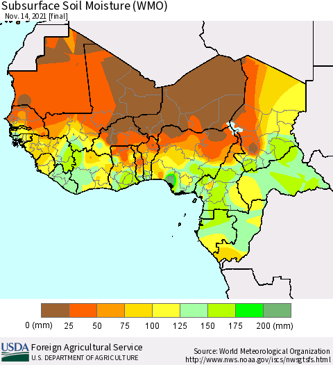 Western Africa Subsurface Soil Moisture (WMO) Thematic Map For 11/8/2021 - 11/14/2021
