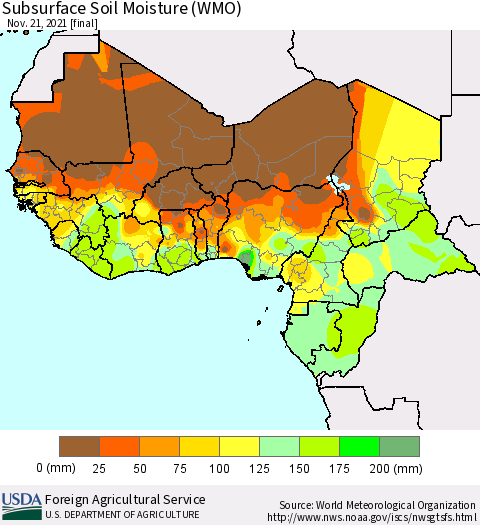 Western Africa Subsurface Soil Moisture (WMO) Thematic Map For 11/15/2021 - 11/21/2021