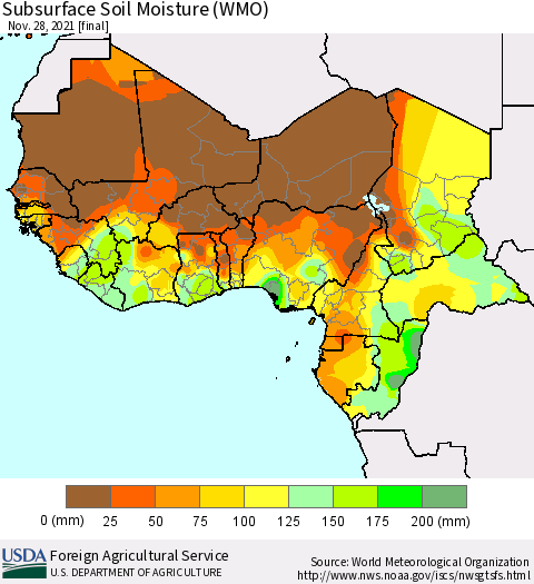 Western Africa Subsurface Soil Moisture (WMO) Thematic Map For 11/22/2021 - 11/28/2021