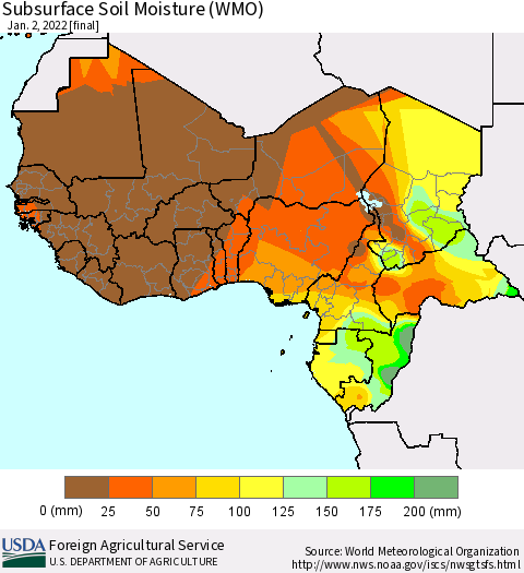 Western Africa Subsurface Soil Moisture (WMO) Thematic Map For 12/27/2021 - 1/2/2022