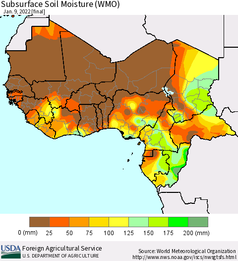 Western Africa Subsurface Soil Moisture (WMO) Thematic Map For 1/3/2022 - 1/9/2022