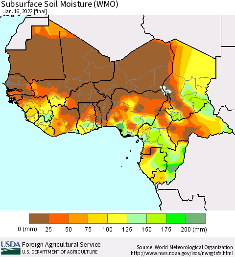 Western Africa Subsurface Soil Moisture (WMO) Thematic Map For 1/10/2022 - 1/16/2022