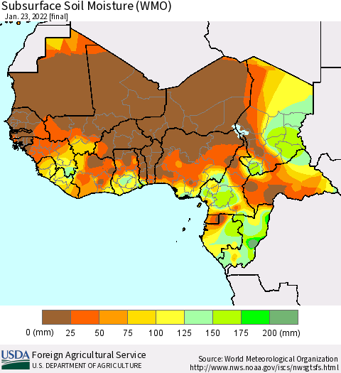 Western Africa Subsurface Soil Moisture (WMO) Thematic Map For 1/17/2022 - 1/23/2022