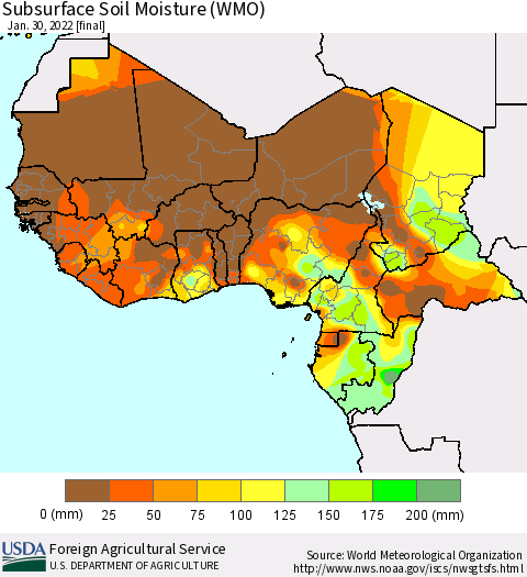 Western Africa Subsurface Soil Moisture (WMO) Thematic Map For 1/24/2022 - 1/30/2022